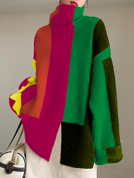 

Plus Size Long Sleeve Urban Loose Turtleneck Sweater, Multicolor, Plus Tops