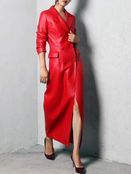 

Pu Regular Fit Lapel Collar Urban Leather Coat, Red, Jackets