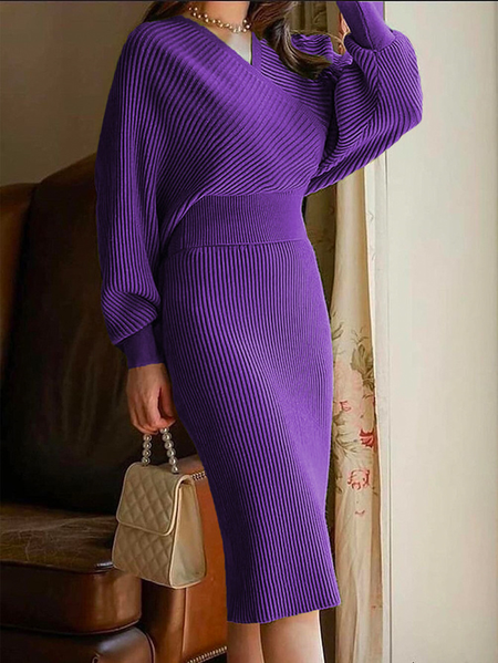 

Plus Size Urban Regular Fit Sweater Midi Dress With No Belt, Purple, Plus Dresses