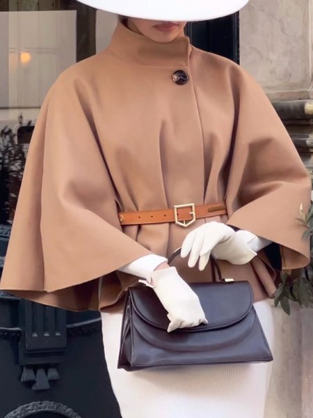 

Elegant Plain Stand Collar Jacket With Belt, Khaki, Jackets