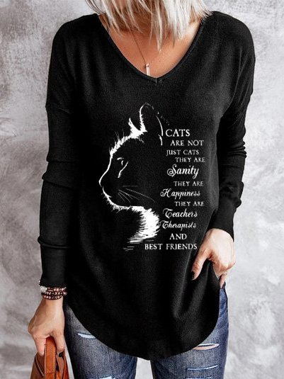 

Text Letters Casual V Neck T-Shirt, Black, Long sleeves