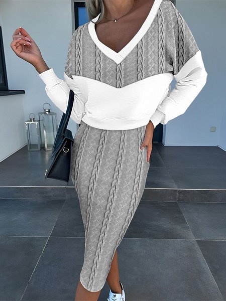 

Casual Loose Split Joint Contrast Stitching Two-Piece Set, Gray, Suit Set