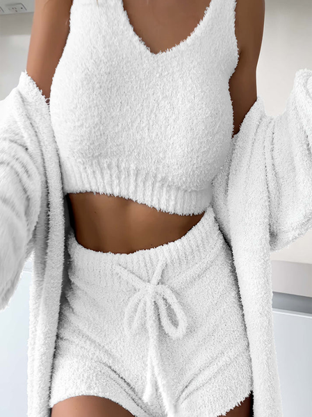 

3pcs Cozy Set Drawstring Casual Plain Regular Fit Matching Outfit, White, Suit Set
