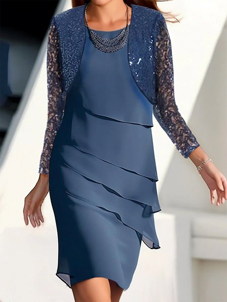 

Elegant Chiffon Loose Plain Two-Piece Set, Blue, Party Dresses