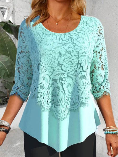 

Crew Neck Casual Loose Lace Shirt, Light blue, Shirts & Blouses