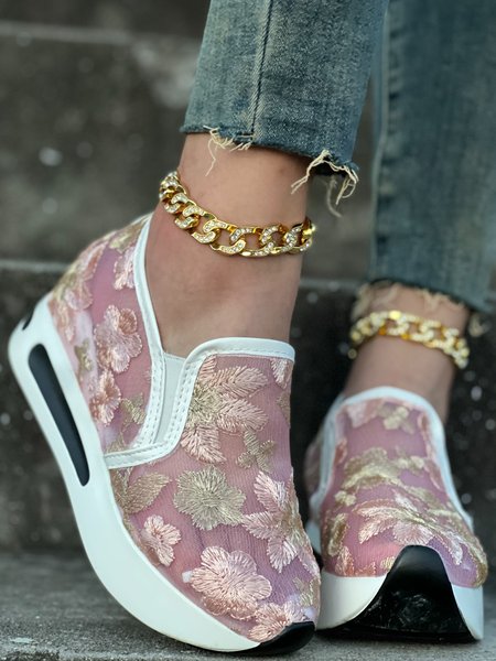 

Green Floral Embroidery Breathable Mesh Slip-on Muffin Sneakers, Pink, Sneakers