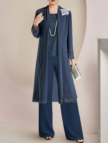 

Elegant Plain Loose Matching Outfit With Brooch, Blue, Suit Set