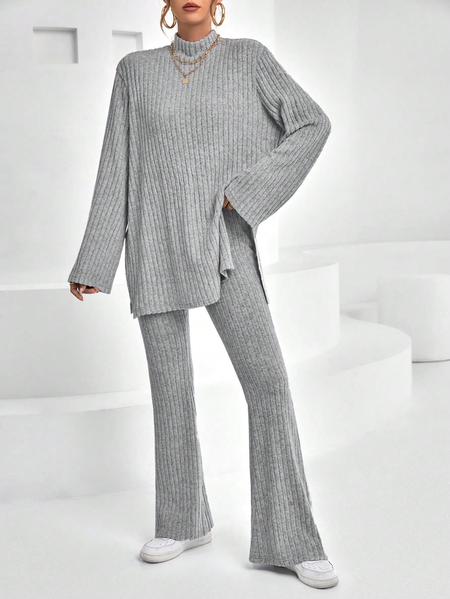 

Casual Knitted Plain Loose Mock Neck Split Hem Tee & Flare Leg Pants Two-Piece Set, Gray, Suit Set