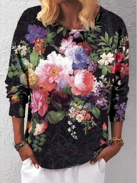 

Casual Floral Loose Crew Neck T-Shirt, Black, T-Shirts