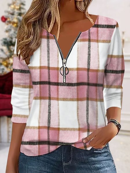 

Casual Plaid Printed Jersey Notched T-Shirt, Pink, Long sleeves