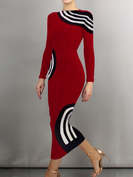 

Color Block Tight Elegant Boat Neck Midi Dress With No Belt, Red, Maxi Dresses