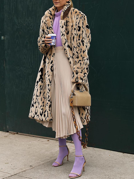 

Loose Leopard Lapel Collar Long Sleeve Urban Teddy Mid-long Jacket, Coats