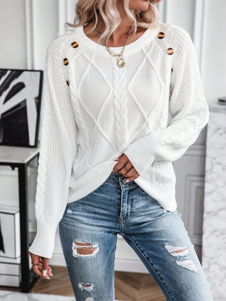 

Crew Neck Plain Casual Sweater, White, Sweaters