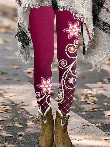 

Casual Floral Pattern Legging, Red, Leggings