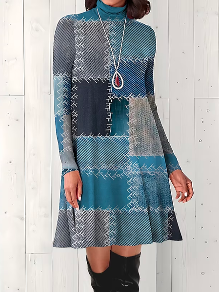 

Plaid Half Turtleneck Casual Dress With No Belt, Blue, Dresses