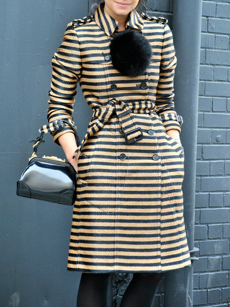 

Regular Fit Shirt Collar Long Sleeve Urban Trench Mid-long Striped Coat, As picture, Coats