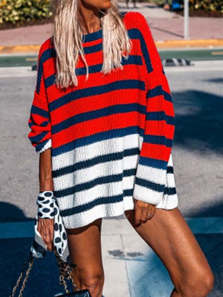 

Loose Striped Casual Wool/Knitting Sweater, Red, Sweaters