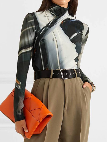 

High Elasticity Tight Half Turtleneck Long Sleeve Abstract Urban Shirt, As picture, Blouses and Shirts