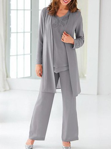 

V Neck Loose Elegant Matching Outfit, Gray, Suit Set