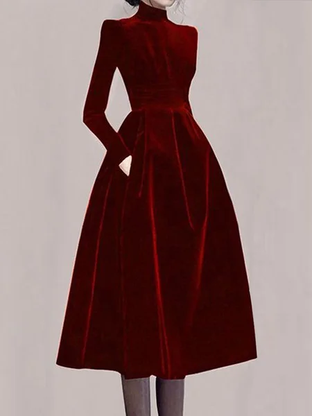 

Plain Elegant Regular Fit Long Sleeve Half Turtleneck Midi Dress, Wine red, Midi Dresses