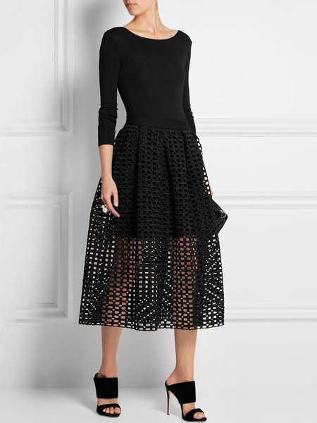 

Crew Neck Elegant Knitted Regular Fit Dress, Black, Party Dresses