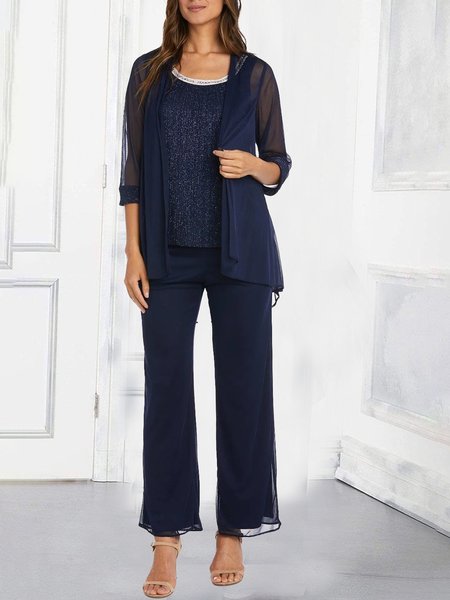 

Wrap Loose Chiffon Elegant Matching Outfit, Navy blue, Suit Set