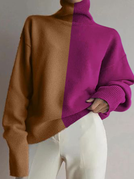 

High Elasticity Color Block Turtleneck Long Sleeve Urban Sweater, As picture, Pullovers