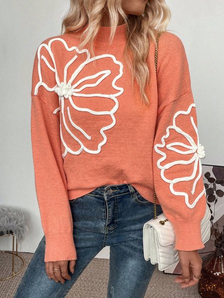 

Loose Wool/Knitting Casual Floral Sweater, Orange, Sweaters