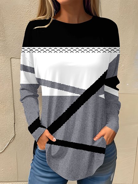 

Casual Geometric Jersey Crew Neck T-Shirt, Black-white, T-Shirts