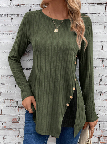 

Buckle Loose Casual Crew Neck Shirt, Dark green, Shirts & Blouses