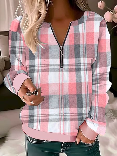 

Casual Half Zip Plaid Sweatshirt, Pink, Hoodies&Sweatshirts