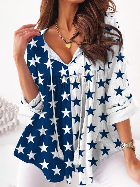 

V Neck Star Loose Casual Shirt, Grey-blue, Shirts & Blouses