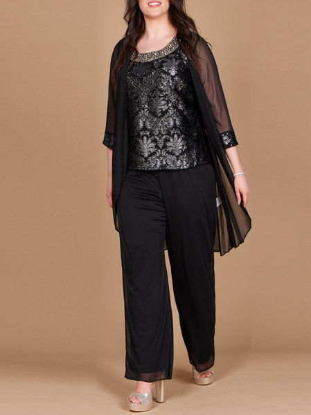 

Elegant Loose Wrap Chiffon Matching Outfit, Black, Suit Set