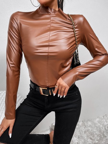 

Plain Stand Collar Urban Regular Fit PU Leather Top, Brown, Tops