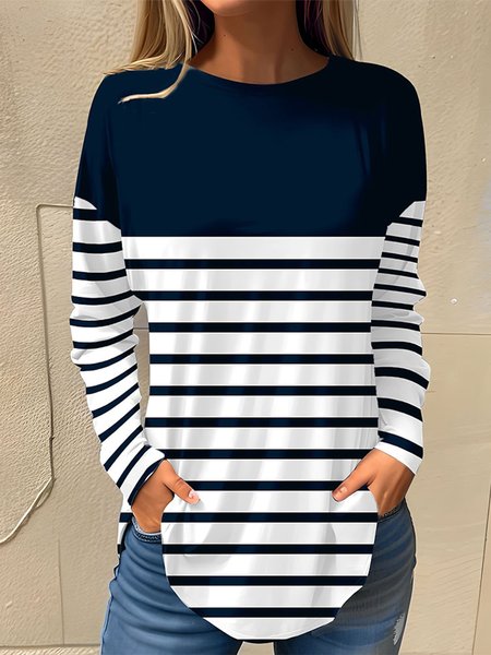 

Striped Crew Neck Casual Loose T-Shirt, Dark blue, T-Shirts