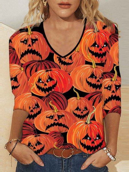 

Loose Halloween Casual V Neck T-Shirt, Color12, Long sleeves
