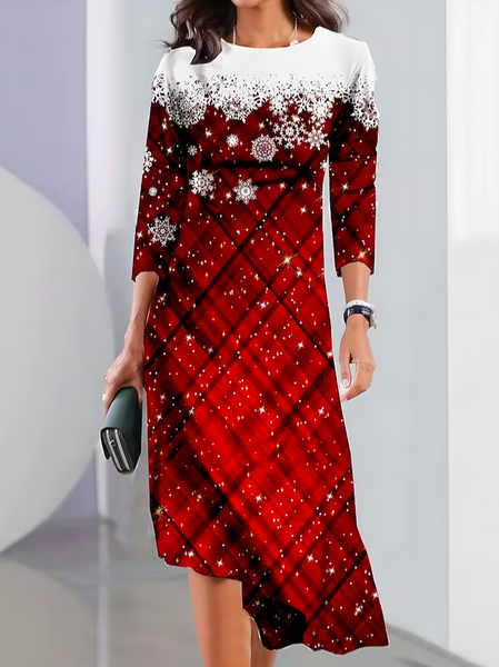 

Casual Crew Neck Plaid Loose Dress With No Belt, Red, Dresses