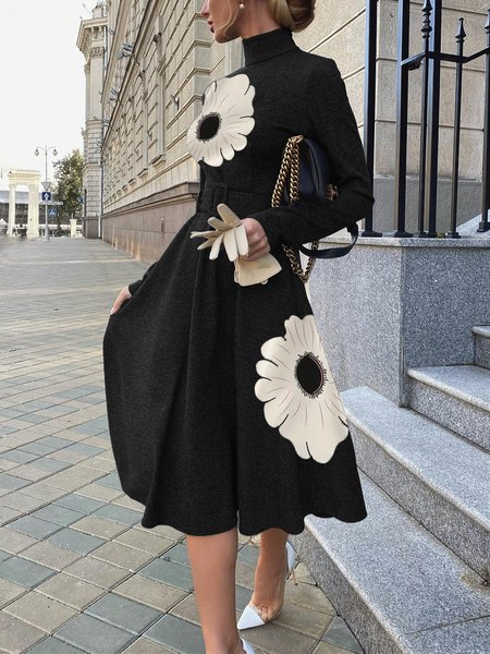 

Floral Elegant Long Sleeve Regular Fit Midi Dress With Belt, Black, Midi Dresses