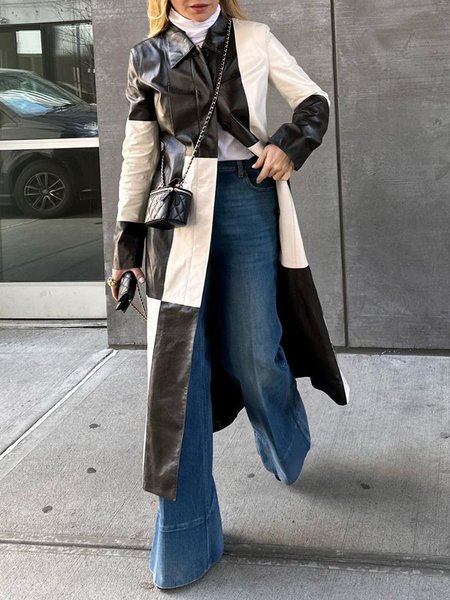 

Urban Shirt Collar Color Block Pu Leather Coat, As picture, Jackets