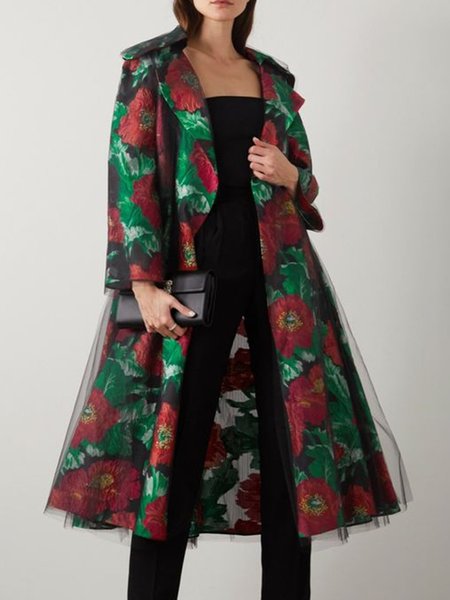 

Loose Elegant Shawl Collar Floral Trench Coat, Flower, Coats