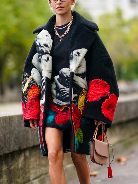 

Shawl Collar Urban Abstract Loose Long Sleeve Coat, Black, Coats