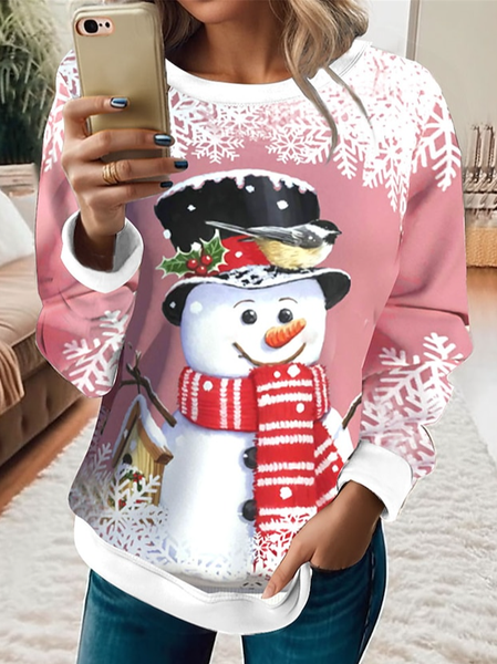 

Christmas Snowman Crew Neck Casual Sweatshirt, Pink, Sweatshirts & Hoodies