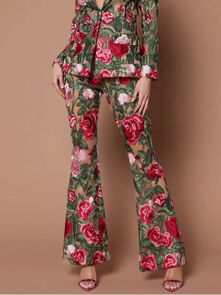 

Regular Fit Floral Elegant Pants, Red, Pants