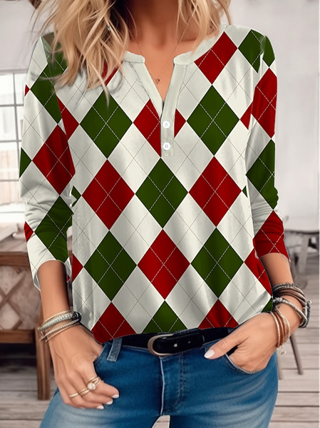 

Crew Neck Casual Plaid T-Shirt, Red, T-Shirts