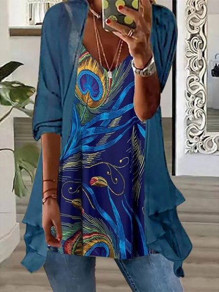 

Feather Pattern Elegant Loose Two-Piece Set, Dark blue, Suit Set