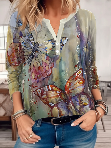 

Crew Neck Casual Butterfly Regular Fit T-Shirt, Khaki, T-Shirts