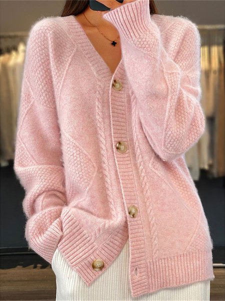 

Loose Buttoned Plain Casual Cardigan, Pink, Sweaters