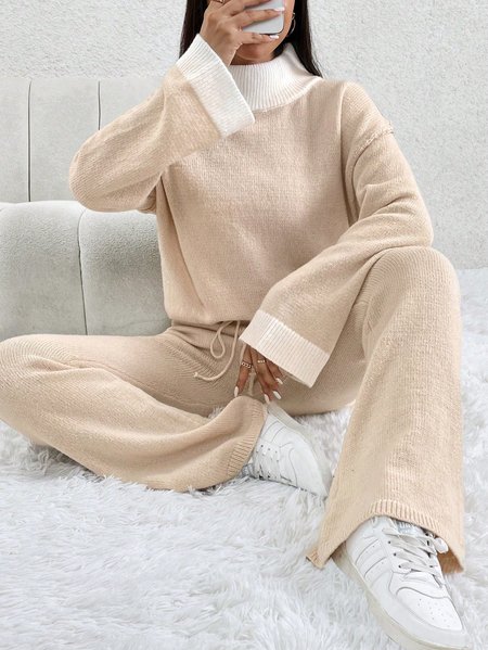 

Plain Loose Crew Neck Casual Two-Piece Set, Apricot, Suit Set