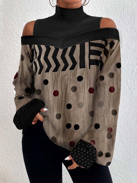 

Polka Dots Turtleneck Loose Casual Sweatshirt, Khaki, Sweatshirts & Hoodies