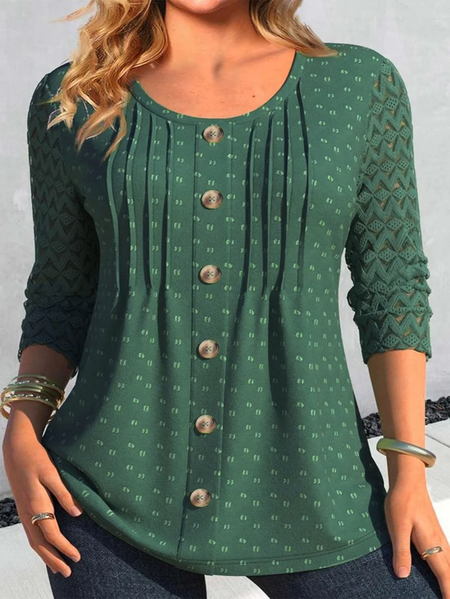 

Plus Size Buckle Lace Casual Loose Shirt, Green, Long Sleeves
